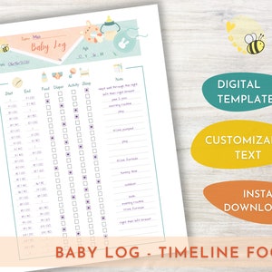 May include: A baby log printable on white paper with a pastel colour scheme. The log includes sections for start and end times, food, diaper changes, activity, and sleep. Text on the page includes "Baby Log - Timeline Focus", "Digital Template", "Customizable Text", and "Instant Download".
