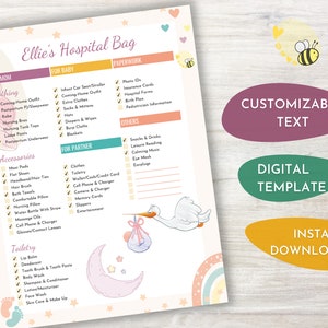 Hospital Bag Checklist - Customizable Fillable Printable PDF - Ultimate List for Mom, Baby and Partner to Prepare for Labor and Delivery