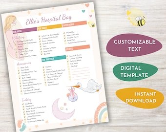 Lista de verificación de bolsas de hospital - PDF imprimible, rellenable y personalizable - Lista definitiva para que mamá, bebé y pareja se preparen para el trabajo de parto y el parto