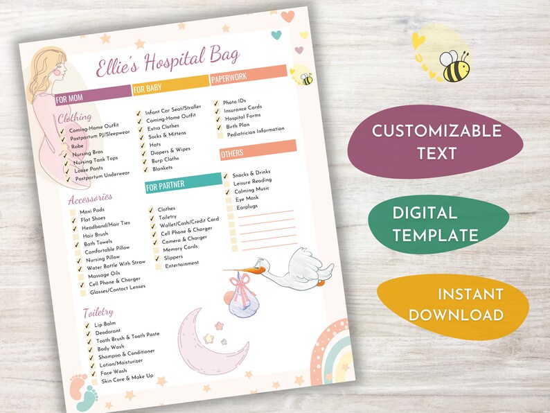 Hospital Bag Checklist - Customizable Fillable Printable PDF - Ultimate ...