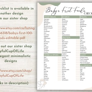 May include: A printable checklist for introducing baby's first foods. The checklist is divided into categories: vegetables, starch, fruits, protein, dairy, and allergens. Each category has a list of foods with checkboxes next to them. The checklist is designed in a minimalist style with green and white colors.
