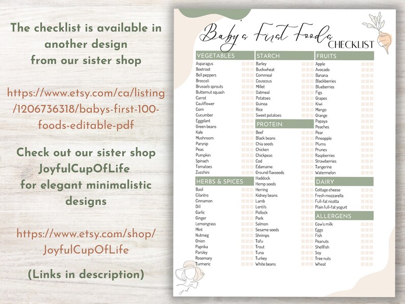 May include: A printable checklist for introducing baby's first foods. The checklist is divided into categories: vegetables, starch, fruits, protein, dairy, and allergens. Each category has a list of foods with checkboxes next to them. The checklist is designed in a minimalist style with green and white colors.