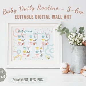 BEWERKBAAR | Baby Daily Routine Kunst aan de muur | 3 - 6M | 5 Time Block Schema | Feed Play Slaapdiagram | Genderneutraal | Kinderdagverblijf & Kinderdagverblijf Decor