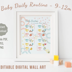 BEWERKBAAR | Baby Daily Routine Kunst aan de muur | 9 - 12M | 4 Time Block Schema | Feed Play Slaapdiagram | Genderneutraal | Kinderdagverblijf & Kinderdagverblijf Decor
