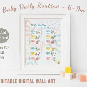 BEWERKBAAR | Baby Daily Routine Kunst aan de muur | 6 - 9M | 4 Time Block Schema | Feed Play Slaapdiagram | Genderneutraal | Kinderdagverblijf & Kinderdagverblijf Decor