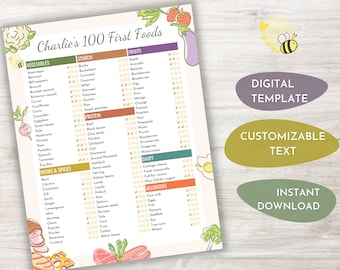 100 primeros alimentos del bebé - Lista de verificación personalizable - Plantilla imprimible imprimible rellenable digital - Puré o destete dirigido por el bebé