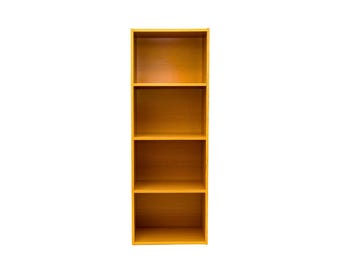 May include: A four-shelf bookcase made of wood in a light brown color. The bookcase has a simple design with no visible hardware.
