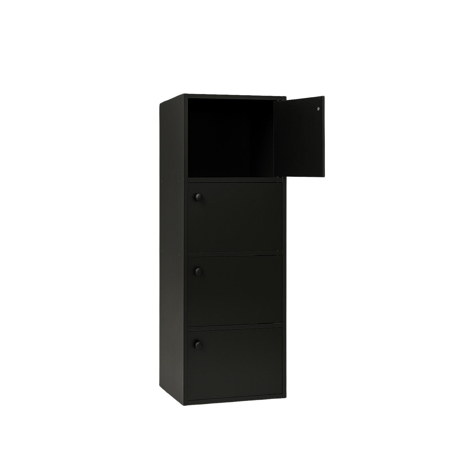 Black Storage Cabinet with Doors – 4-Tier Bookshelf for Small Spaces – Narrow Organizer Shelf – Modern Cabinet