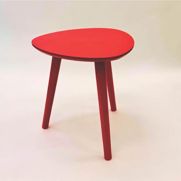Mesa auxiliar roja de estilo moderno de mediados de siglo: taburete decorativo, mesa auxiliar para espacios pequeños.