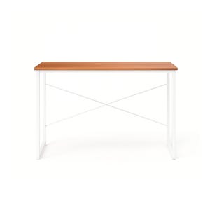 May include: A rectangular desk with a light brown wooden top and a white metal frame. The frame has an X-shaped support on the sides. The desk is designed for a minimalist aesthetic.