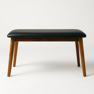 May include: A black leather bench with a wooden frame. The bench has four legs and a rectangular seat.