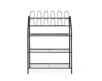 Black Metal 3-Tier Shoe Rack: Entryway Organizer with Slipper Hooks