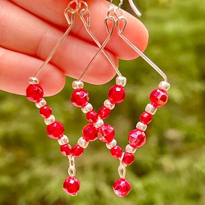 Dangle Drop Earrings, Geometric Shaped Earrings, Diamond Shaped Earrings, Beaded Dangle Earrings, Red Dangle Earrings, Silver Geometric