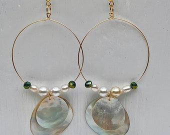 Mother of Pearl Hoop Earrings, Pearl Hoop Earrings, Handmade Hoop Earrings, Gold Hoop Earrings, 2 Inch Hoop Earrings, Boho Earrings