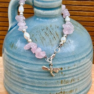 Rose Quartz Bracelet, Pearl Beaded Bracelet, Silver Beaded Bracelet, Bracelets for Woman, Raw Crystal, Gemstone Bracelet, Bridal Gift