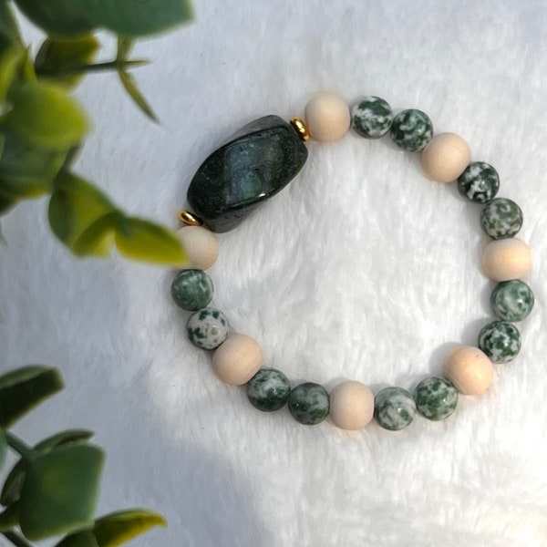 Zoilite bracelet, green dot Jasper bracelet, mosaic bracelet, wood bracelet, gemstone bracelet, gemstone jewelry, gift for mom, unique