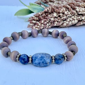 Sodalite Gemstone Bracelet, Wood and Sodalite Bracelet, Calming Stone Bracelet, Sodalite Beaded Bracelet, Sodalite Jewelry, Gemstone Jewelry