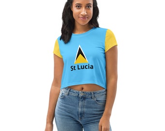 St Lucian Flag All-Over Print Women’s 4 Way Stretch, Regular Fit Crop Top Teeshirt