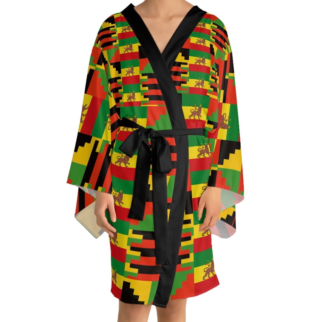 Colourful Kente Rasta Long Sleeve Kimono Robe With Black or White ...