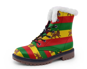 Colourful Rasta Unisex Lace Up Super Warm Faux Leather and Fur Lined Boots