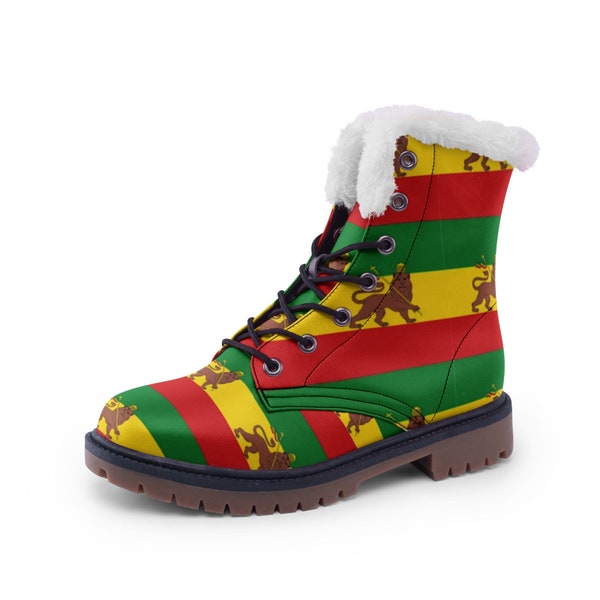 Colourful Rasta Unisex Lace Up Super Warm Faux Leather and Fur Lined Boots