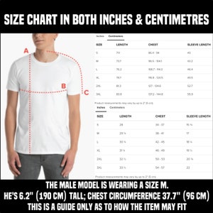 May include: Size chart for a t-shirt in both inches and centimeters. The chart shows the length, chest, and sleeve length for sizes S through 3XL. The model is wearing a size M, is 6'2" (190 cm) tall, and has a chest circumference of 37.7" (96 cm).