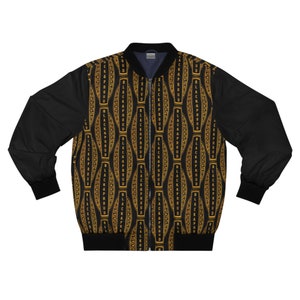 May include: Black and gold bomber jacket with a repeating pattern of oval shapes and the text "BLACK & PROUD". The sleeves are solid black, and the jacket has a zipper closure. The jacket is a stylish outerwear option.