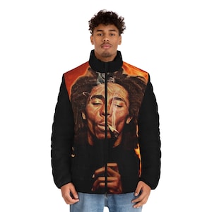 Blazing With Bob Marley Unisex Puffer Jacket - Jamaican Roots - Reggae - Rasta - Black Owned Business