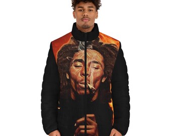 Blazing With Bob Marley Unisex Puffer Jacket - Jamaican Roots - Reggae - Rasta - Black Owned Business