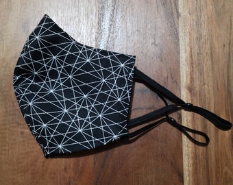 Adjustable Cotton Facemask - Black and White Geometric Line Work