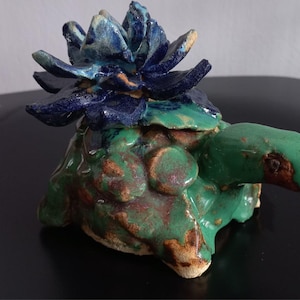 Handmade Ceramic Turtle Figurine with Floral Shell, Whimsical Pottery Turtle Sculpture with Floral Design, Decorative Animal Figurine