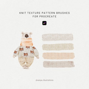 Puede incluir: Una ilustración digital de un oso lindo que lleva un suéter de punto con un patrón de caras de osos marrones. El oso lleva una bufanda y pantalones a cuadros. La imagen también muestra cuatro texturas de punto diferentes en beige, marrón y gris.