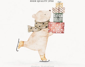 Watercolor Christmas bear illustration, bear, digital illustration, JPEG file