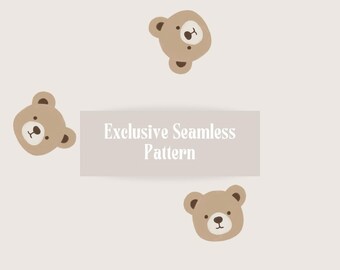 May include: A seamless pattern with repeating cartoon bear faces in brown and beige. The text "Exclusive Seamless Pattern" is displayed on a light brown rectangular banner. The pattern is set against a light beige background.
