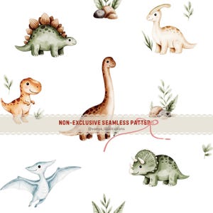 Könnte beinhalten: Aquarell-Illustration eines nahtlosen Musters mit verschiedenen Dinosauriern in Grün-, Braun- und Beigetönen. Die Dinosaurier sind vor einem weißen Hintergrund mit kleinen grünen Pflanzen und Steinen platziert. Der Text "NON-EXCLUSIVE SEAMLESS PATTERN" wird angezeigt.