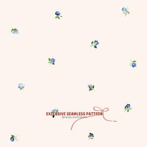 Könnte beinhalten: Ein nahtloses Muster mit Aquarellillustrationen von kleinen blauen Blumen und grünen Blättern auf hellbeigem Hintergrund. Der Text "EXCLUSIVE SEAMLESS PATTERN" ist im Bild enthalten.