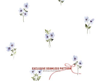 Op de afbeelding: Een naadloos patroon met kleine, lichtpaarse aquarelbloemen met groene bladeren verspreid over een witte achtergrond. De tekst EXCLUSIVE SEAMLESS PATTERN en vanya_illustrations staat in het rood met een roze lintafbeelding.