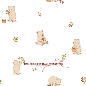 Könnte beinhalten: Ein nahtloses Muster mit Cartoon-Bären in einem skurrilen Design. Die Bären sind hellbraun und werden mit Körben und Beeren dargestellt. Der Text "NON-EXCLUSIVE SEAMLESS PATTERN" ist ebenfalls enthalten.