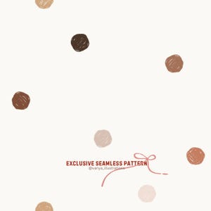 Könnte beinhalten: Nahtloses Musterdesign mit handgezeichneten Polka Dots in Braun- und Beigetönen auf cremefarbenem Hintergrund. Der Text "EXCLUSIVE SEAMLESS PATTERN" wird in Dunkelbraun angezeigt, darunter der Name des Künstlers.