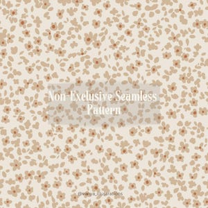 Könnte beinhalten: Ein nahtloses Muster mit einem sich wiederholenden Design aus kleinen, hellbraunen Blüten auf cremefarbenem Hintergrund. Der Text "Non-Exclusive Seamless Pattern" ist mittig auf dem Bild platziert. Der Text "@vanya_illustrations" befindet sich am unteren Rand des Bildes.