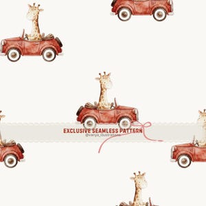 Könnte beinhalten: Nahtloses Muster mit Aquarellillustrationen von Giraffen, die rote Oldtimer fahren. Die Giraffen haben braune und beige Flecken. Die Autos haben weiße Räder und sind vor einem cremefarbenen Hintergrund platziert. Der Text "EXCLUSIVE SEAMLESS PATTERN" ist enthalten.