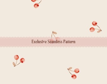 May include: A cream-coloured background with a repeating pattern of watercolour cherries in red and brown. A pink banner with the text "Exclusive Seamless Pattern" is centered. The artist's name, "vanya_illustrations," is at the bottom of the image.