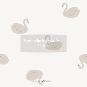 Könnte beinhalten: Nahtloses Musterdesign mit Illustrationen von Schwänen in einer weichen, neutralen Farbpalette. Der Text "Non-Exclusive Seamless Pattern" wird auf einem hellgrauen rechteckigen Banner angezeigt. Der Name des Künstlers, "@vanya_illustrations", ist ebenfalls enthalten.