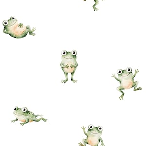 Könnte beinhalten: Aquarellillustration mehrerer lächelnder grüner Frösche mit weißen Bäuchen und großen Augen auf weißem Hintergrund. Die Frösche sind in verschiedenen Posen dargestellt, einige liegen, andere stehen und andere winken.