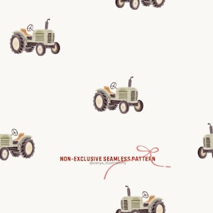 Può includere: Motivo ripetuto di trattori ad acquerello in verde, marrone e beige su sfondo crema. I trattori sono raffigurati in stile vintage. Il testo recita "NON-EXCLUSIVE SEAMLESS PATTERN" e "@vanya_illustrations".