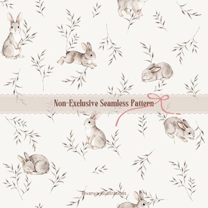 May include: A seamless watercolour pattern featuring grey rabbits and leafy branches on a cream backdrop. The image includes the text "Non-Exclusive Seamless Pattern" and the artist's signature.