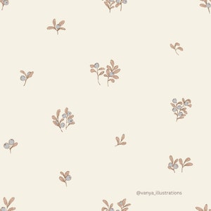 May include: A seamless pattern featuring small sprigs of brown leaves with clusters of light blue berries on a cream background. The pattern is repeated throughout the image. The text "@vanya_illustrations" appears at the bottom of the image.