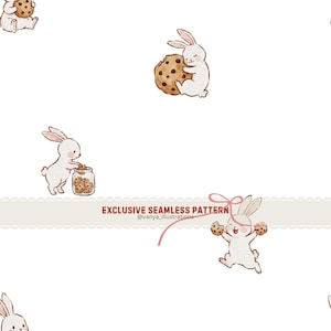 May include: Seamless pattern featuring white bunnies with pink ears and noses, interacting with chocolate chip cookies. The bunnies are holding, hugging, and eating cookies. The text "EXCLUSIVE SEAMLESS PATTERN" is displayed.