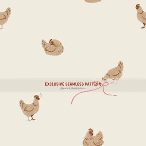 Könnte beinhalten: Nahtloses Muster mit Illustrationen von braunen Hühnern auf cremefarbenem Hintergrund. Die Hühner sind in verschiedenen Posen dargestellt, einige stehen, andere picken und andere sitzen. Der Text "EXCLUSIVE SEAMLESS PATTERN" ist zu sehen.