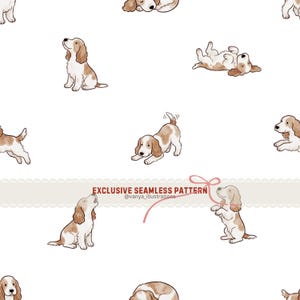 May include: Seamless pattern featuring cartoon illustrations of brown and white dogs in various poses on a white background. The dogs are sitting, lying down, and playing. Text reads "EXCLUSIVE SEAMLESS PATTERN" and "@vanya_illustrations".